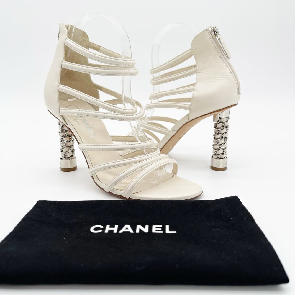 Chanel Ivory Leather Caged Coco Tower Chain Link Heel Ankle Zip Sandals EU 39 - Picture 2 of 12